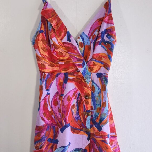 FARM RIO Colored Bananas Wrap Mini Dress Linen Festival Indie Tropical Size XS - Picture 4 of 11